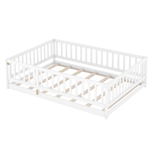 Image of Bellemave Full Size Kids Montessori Floor Bed with Door,Solid Wood Floor Bed Frame with Slats and High Fence for Kids,Girls,Boys,White