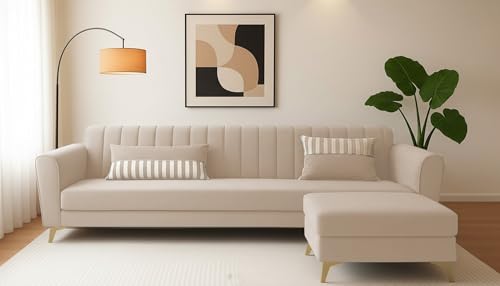 Image of Adorn India Premium Luster 4 Seater L Shape Sofa Set | Velvet Suede Fabric | 3-Year Warranty | Color Cream with Golden Legs & Striped Pattern Cushion