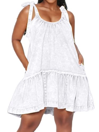 Image of Denim Dress for Women Tie Shoulder Sleeveless Denim Mini Dress Casual Flowy Babydoll Dress Wash Jean Dress