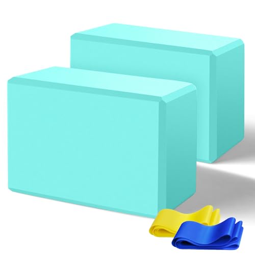 2024 Yoga Blocks 2 Pack, EVA Foam Yoga Block With 2 Resistance Bands, Supportive Latex-Free, Non-Slip Exercise Blocks, Yoga Block for Pilates, Meditation, Balance, Stretching (Teal)