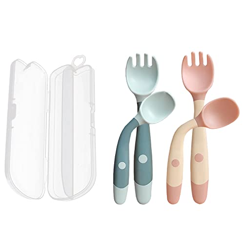 CAM2 Baby-Besteck, Löffel und Gabel-Set mit Reisesicherheit, Kleinkinder-Fütterungstraining, hitzebeständig, biegbar, geeignet für das Selbststudium (grün + rosa, insgesamt 2 Sets) Cover