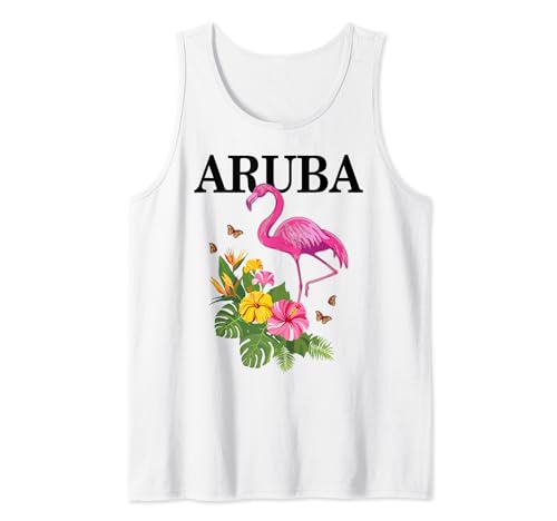 Aruba Flamingo Floral Plantas Tropicales Vintage Souvenir Camiseta sin Mangas