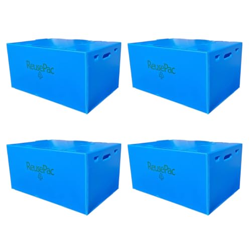 REUSEPAC Reusable Foldable Box Corrugated PP Lightweight, Storage Moving Mailing, Heavy Duty Stackable, Tape Free Self-Locking Lid for Business Home (Sky Blue 4 Pack, 24x16x12in)
