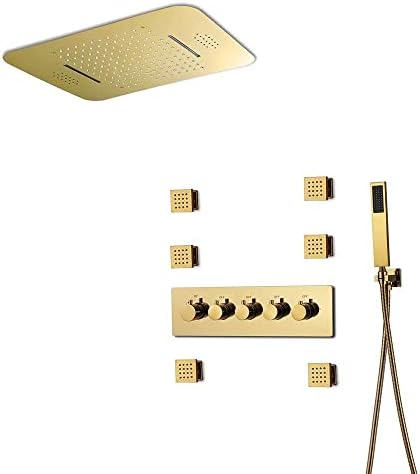 Polished Gold 64-Color LED Lights Bluetooth Music Rainfall Waterfall 23 Inch Shower Head 4 Way Thermostatic Shower System with Body Jets