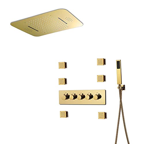 Polished Gold 64-Color Led Lights Bluetooth Music Rainfall Waterfall 23 Inch Shower Head 4 Way Thermostatic Shower System With Body Jets #TOP2