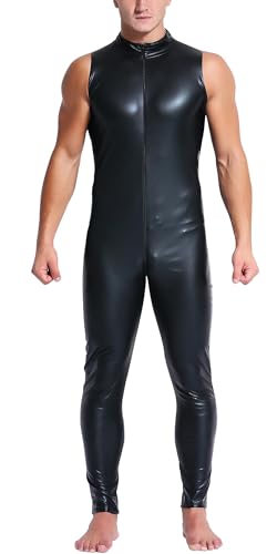 AIEOE Herren Jumpsuit Latex Overall Männer Sexy Clubwear Wetlook Dessous Party Outfit Schwarz 04 Größe L