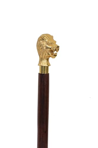 amayera nautical Golden Finish Lion Head Walking Stick – 36-Inch Walking Cane Beautiful Brass Handle Cane with Brown Aluminum Shaft for Men and Women