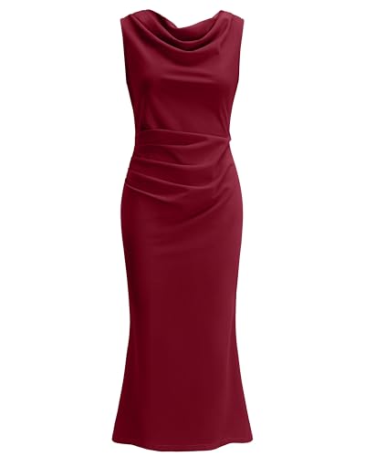 Image of OWIN Womens 2025 Cowl Neck Long Formal Dresses Summer Sleeveless Maxi Bodycon Dress Ruched Mermaid Cocktail Dress