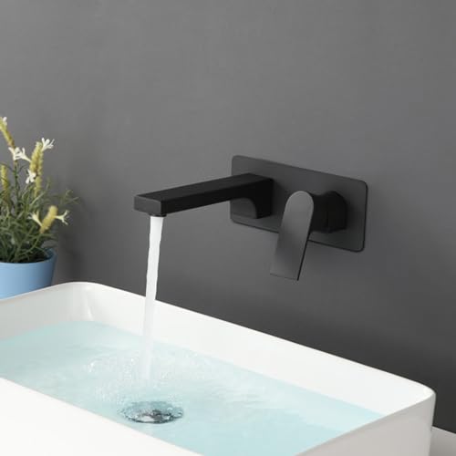 ASBEQUZBE Grifo Monomando para Lavabo de baño, 2 Orificios para grifería, montado en la Pared, con Agua fría y Caliente, de latón, Color Negro Stabilize