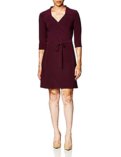 Star Vixen Women's 3/4 Sleeve Faux Wrap Dress with Collar