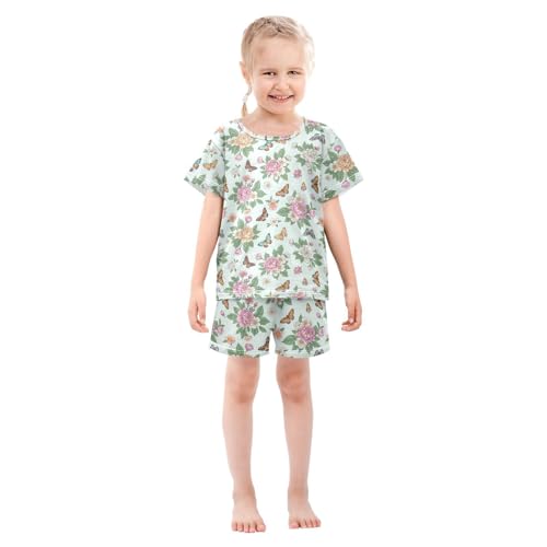 Pajama Short Sets Floral Butterflies Colorful Pattern Soft Cotton Summer Sleepwear 2 Piece PJS Size 5-14T4
