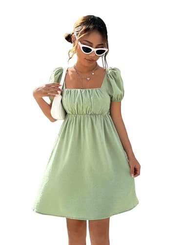 Image of Shasmi Women's & Girl's Dress for Women l One Piece Dress for Women l Beach Dress for Women, Solid Textured Puff Sleeve Square Neck Midi Dress (Dress 115)
