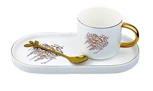 Optimal Modern Design Coffee Mugs Set, Ceramic Coffee Mug with Oval Saucer and Elegant Gold Arabic Design, Cappuccino Cup for Coffee, Tea, 200mL (White)