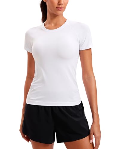 CRZ YOGA Seamless Workout Tops for Women Short Sleeve Athletic Tees Breathable Gym Running Yoga Shirts White X-Large
