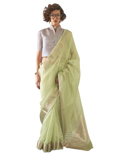 Image of MADHUHANSH Women's Cotton Linen Saree with Unstitched Blouse Piece and Solid Pattern | Mithila Painting Saree | Saree for Haldi Ceremony