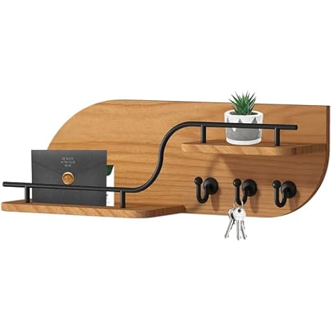 Karisky Key Holder for Wall, Modern Decorative Key and Mail Holder with 2 Floating Shelves, Wood Wall Mounted Key Organizer with 3 Metal Hooks for Home Entryway, Brown Cover