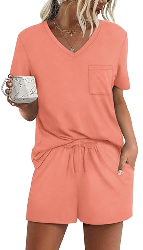 Image of RUBZOOF Women's Short Sleeve Pajama Sets with Pockets Casual V Neck 2 Piece Lounge Sets S-3XL