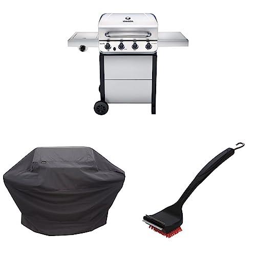Char-Broil 463377319 Performance 4-Burner Cart Style Liquid Propane Gas Grill & Performance Grill Cover, 3-4 Burner: Large & 8666894 SAFER Replaceable Head Nylon Bristle Grill Brush, One Size