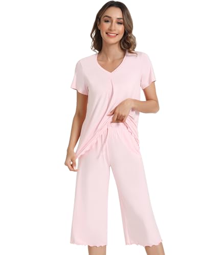 Image of NACHILA Women's Pajama Sets Cooling Bamboo Viscose V-Neck Top & Capri Pants