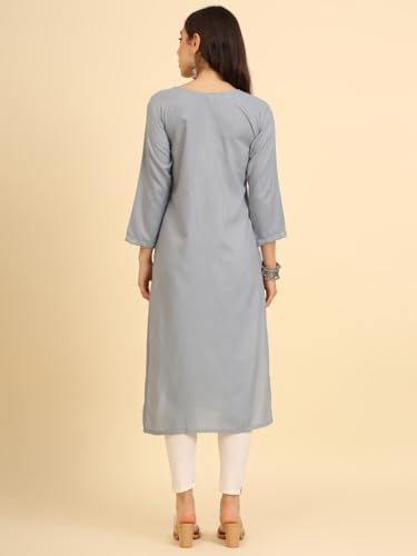 Image of Women's Chikankari-Lucknowi Embroidered Work | 3 /4 Sleeve | Knee Length | Round Neck | Cotton Fabric | Straight Kurta