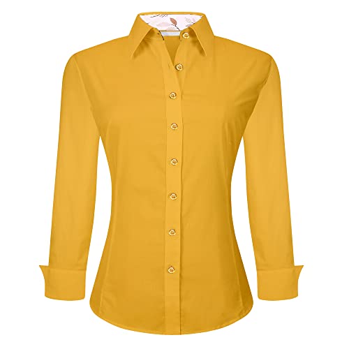 SAMERM Camisa elástica de algodón para mujer con botones y ajuste regular de manga larga para trabajo de oficina (S-2XL), Amarillo, XX-Large