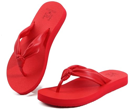 KuaiLu Womens Flip Flops Comfort Arch Support Yoga Mat Cushion Orthotic Thong Sandals Fashion Leather Slip On Summer Beach Walking Slides Outdoor Plantar Fasciitis Recovery Shoes Red 5 - Image 6