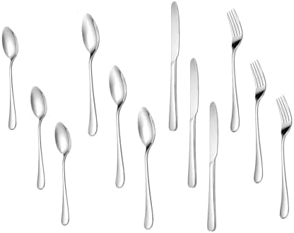 ANH MART Silver Spoon Set Premium Stainless Steel Flatware Set Mirror Polished Cutlery Set Durable Home Kitchen Eating Tableware Set Include Fork Knife Spoon Set (Silver Spoon 12)