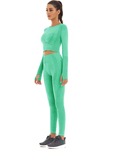 Toplook Women Seamless Workout Outfits Athletic Set Leggings + Long Sleeve Top (Light Green, Medium) #TOP1