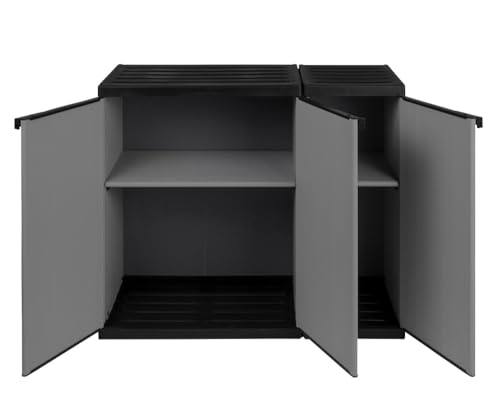 Kreher Modularer Universal Kunststoffschrank Kommode 2 in 1 mit DREI Türen und höhenverstellbaren Böden. Robuste Ausführung, in Grau. Maße BxTxH : 102 x 38,5 x 85 cm.