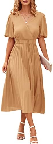 PRETTYGARDEN Women's Summer Pleated Midi Dress Wrap V Neck Puff Sleeve Casual Chiffon A Line Flowy Dresses (Khaki,XX-Large)