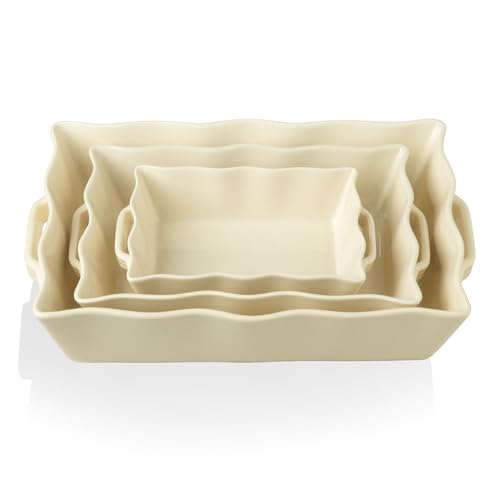 Sweejar Casserole Dishes for Oven, Ceramic Bakeware Set of 3, Rectangular Baking dish with Handles, Wave Edge Lasagna Pan Deep for Cooking, Cake, Dinner, Banquet and Daily Use (Beige)