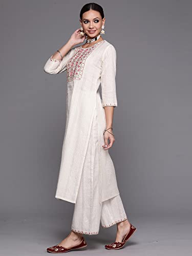 Image of INDO ERA Women's Cotton Blend Ethnic Motifs Straight Kurta with Pant & Dupatta Set (KD0OW4324)