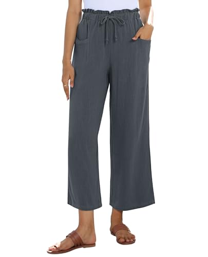Image of siliteelon Wide Leg Linen Pants for Women Summer Capri Palazzo Flowy Pants Casual Loose High Waist Trousers with Pockets