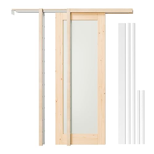 Image of Pocket Door 28 inch x 80 inch, 1-Lite Frosted Glass Pantry Door Panel with Frame and Hardware Kit Set Plus Door Jamb, Single Interior & Closet Door Slab for Sliding Door, No Panel Assembly Required