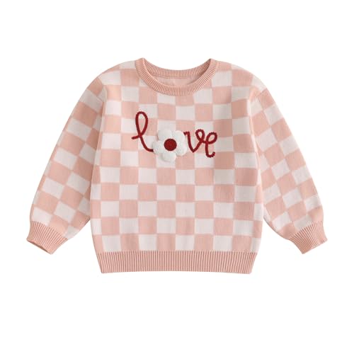Kids Girl Checkered Sweater Letter Flower Embroidery Crew Neck Long Sleeve Pullover Knit Tops Winter Fall Clothes