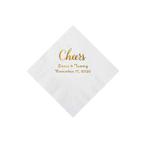 White Cheers Personalized Napkins with Gold Foil - Beverage - Party Supplies - 50 Pieces