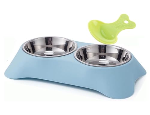 Fuwok Double Dog Bowl,Non Slip Non-spill Stainless Steel Double Bowl with 1 Pet Food Spoop For Small Dogs and Cats (M, Blue)