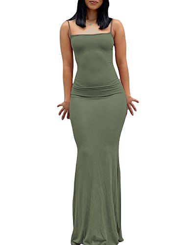Image of Felcia Women Spaghetti Strap Sleeveless Long Dress Solid Color Bodycon Fish Tail Dress Party Evening Maxi Dress (Green, M)