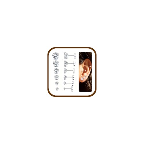 6 Paires Boucles d'Oreilles Dos Plat pour Femmes Hommes Acier Inoxydable Zircone Cubique Clous d'Oreilles Hypoallergénique Cartilage Helix Piercing Oreille...