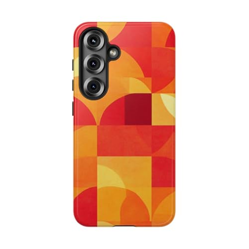 Coque Samsung S25 rigide brillante motif géométrique orange et rouge