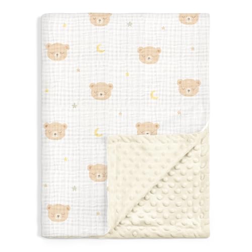 Image of Bear Baby Blankets for Boys Girls, Soft Nursery Minky Blankets with Muslin and Dotted Fleece Back 30x40 inches, Receiving Bed Quilt for Newborn, Infants, Toddlers