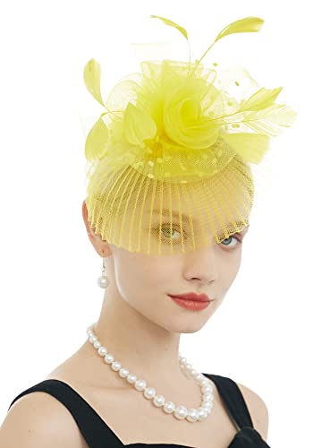 FELIZHOUSE Fascinators Hat for Women Tea Party Headband Church Wedding Cocktail Flower Mesh Feathers Hair Clip Yellow