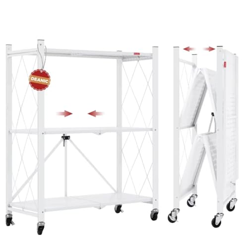 Image of DEANIC 3 Tier Foldable Storage Shelves with Wheels, Kitchen Appliance Stand, Freestanding Metal Wire Shelf Rack, No Assembly Organizer Rolling Cart for Garage, Basement, Pantry(White)