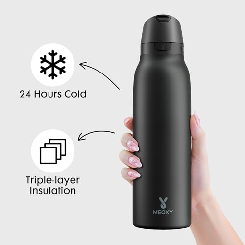 Image of Meoky 24 oz Slim Insulated Water Bottle: Leak Proof Locking Lid, 2-in-1 Straw and Spout, 24 Hours Cold, Top Handle, BPA Free, Stainless Steel Water Bottle for Men Sports Travel Gym, Night
