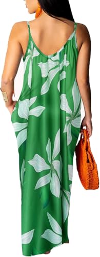 Image of Women's Summer Bohemian Green Floral Maxi Dress Music Festivals with Adjustable Spaghetti Straps Side Pockets -7 Small