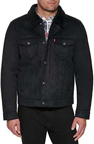 Levi's Men's Faux Leather Sherpa Lined Trucker Jacket, Black Faux Shearling, Small