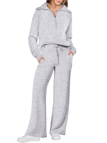 ANRABESS Women 2 Piece Outfits 2025 Fall Fashion Airport Wide Leg Pants Lounge Set Leisure Travel Vacation Clothes Sweatsuits Light Grey Large