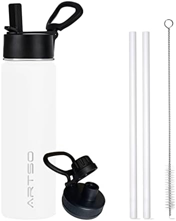 ARTSO 24oz Stainless Steel Insulated Water Bottle with Straw & Two Lids,Double Walled Vacuum Insulated Leak Proof Hot Cold Water Bottles, White