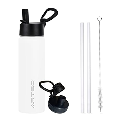 ARTSO 24oz Stainless Steel Insulated Water Bottle with Straw & Two Lids,Double Walled Vacuum Insulated Leak Proof Hot Cold Water Bottles, White