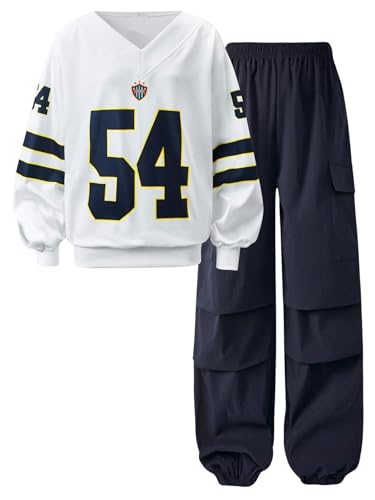 Axumity Tween Girls Clothes Fall Sporty Color Blocking Numeral Print Sweatshirt & Cargo Pants Outfit Set(7-8Y)